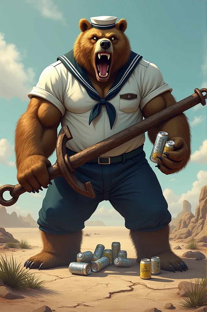 Very muscular angry bear dressed as a sailor with lots of beer in his hand and a giant anchor without water