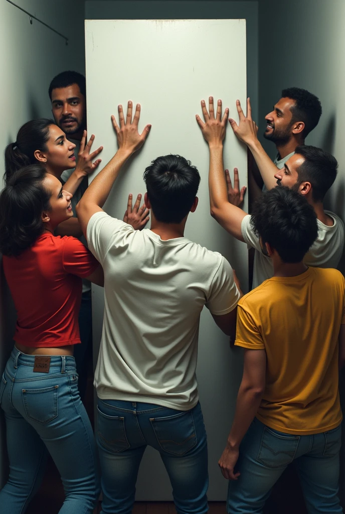 Create many casually dressed people desperately knocking on a closed narrow white door