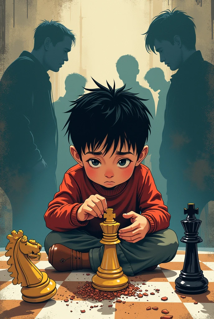 A boy playing with a chess piece, a bishop, that begins to crumble in his hands. Around it, Diffuse figures of adults observe him with critical glances, while the child, with sad eyes, look at the broken piece. In anime graffiti style