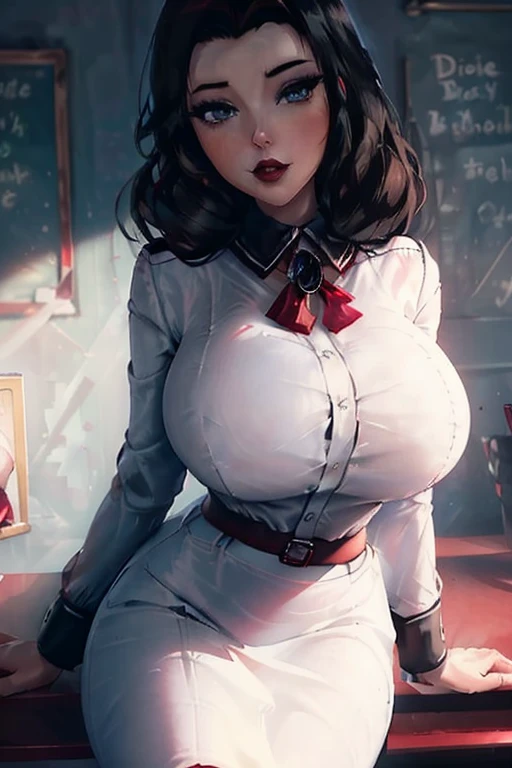 (best quality), (masterpiece), 1 girl, early 20's, huge heavy breasts, busty, perky breasts, thick, thick lips, wide hips, thin waist, red lipstick, dlcoutfit, woman, white shirt, ((white collared shirt)), (Black skirt:1.2), ((pencil skirt)), red belt, (red necklace), shoulder length black hair, blue eyes