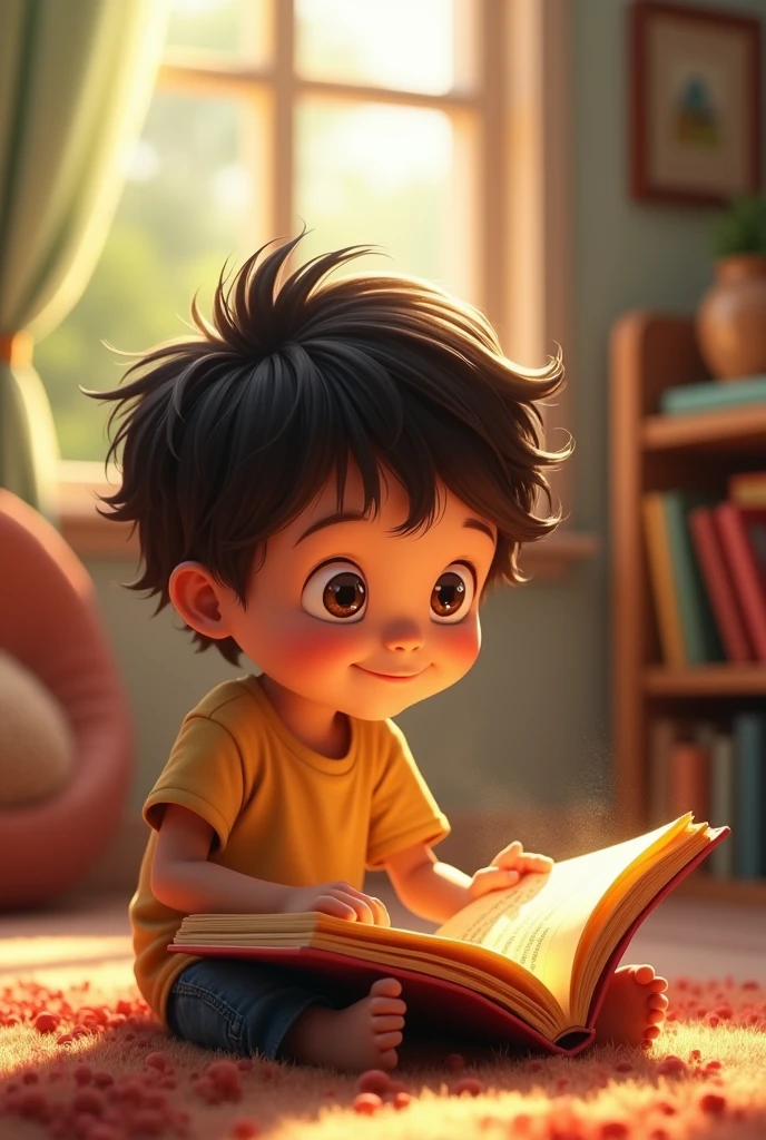 Create an animated image showing a three-year-old boy with dark brown curly hair reading a story.