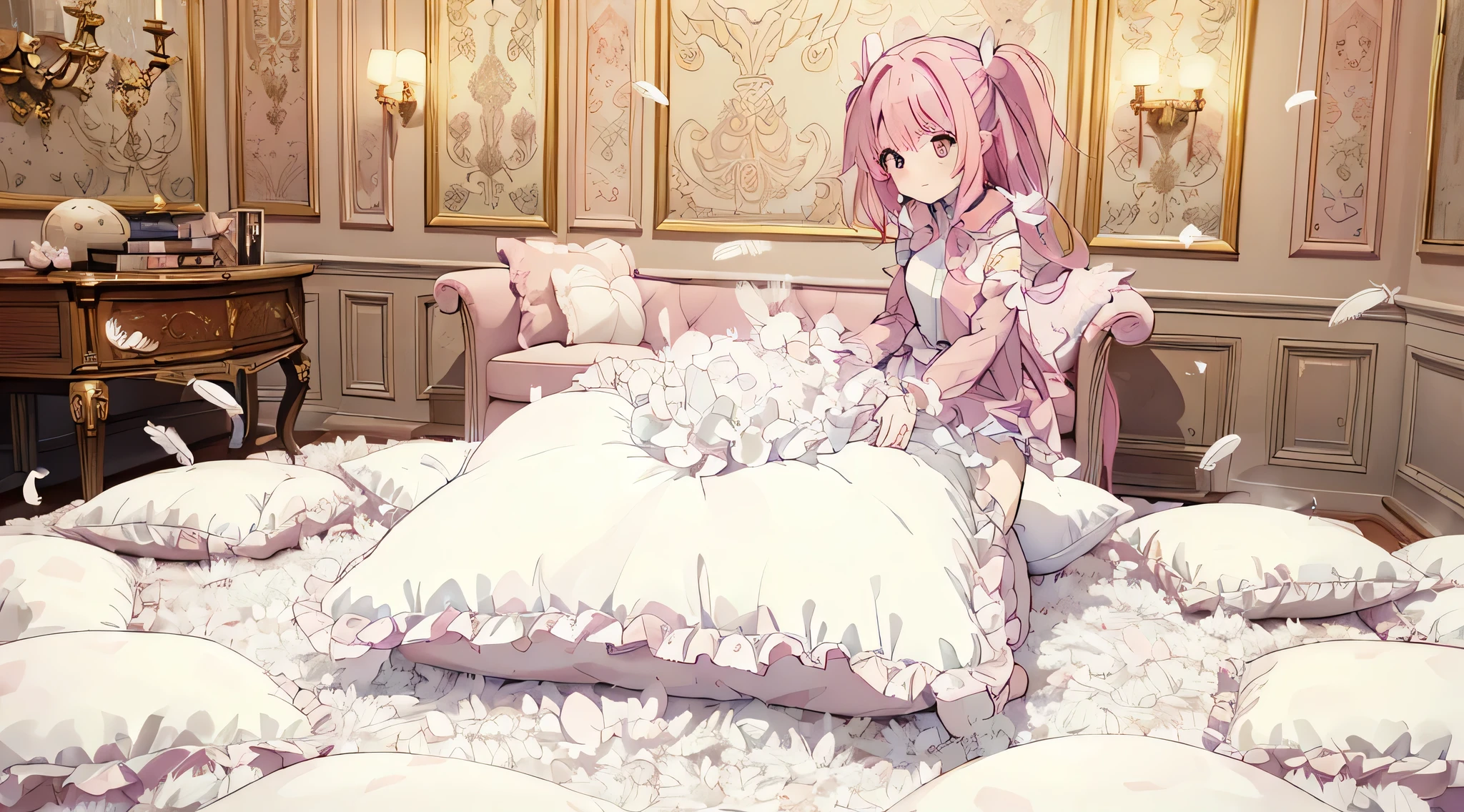 (best quality, masterpiece) , details, (Light and shadow oxtail) , Cute girl posing on pillow ,Pillow, Upholstered,Soft pillow,(Pillow),The love surrounding the protagonist,steam,(Luxury Pillow),(Gorgeous pattern pillow),luxurious pillow, standing,(Love around the protagonist),(pillow), long hair, frilled pillow , ((pink pillow)) , 1 pillow, standing on a top of pillow, on pillow, big pillow, fluffy pillow, pillow damage, stomping pillow, stonping, pillow on floor, stepping on pillow, posing on top pillow, full body, pillow on floor, (((pink hair))), hatsune (princess connect), (((feathers))), pillow destroy, ripping pillow, tearing pillow in half, feathers everywhere, cotton, stuffing pillow
