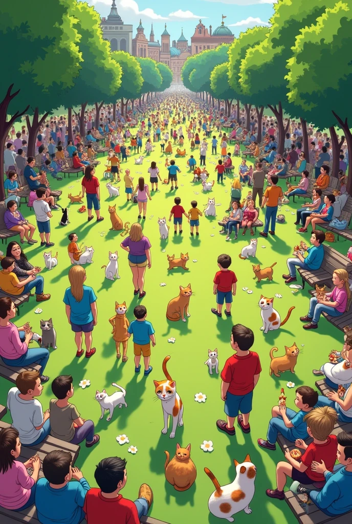 crowded, park, scene, filled, cats, people, where's waldo, detailed, illustration, benches, grass, playground, families, children, playing, hidden cat, crowd, diverse breeds, playful, poses, colorful, vibrant, whimsical, cartoon, panoramic, busy scene, activities, hidden details, search game, children's book
