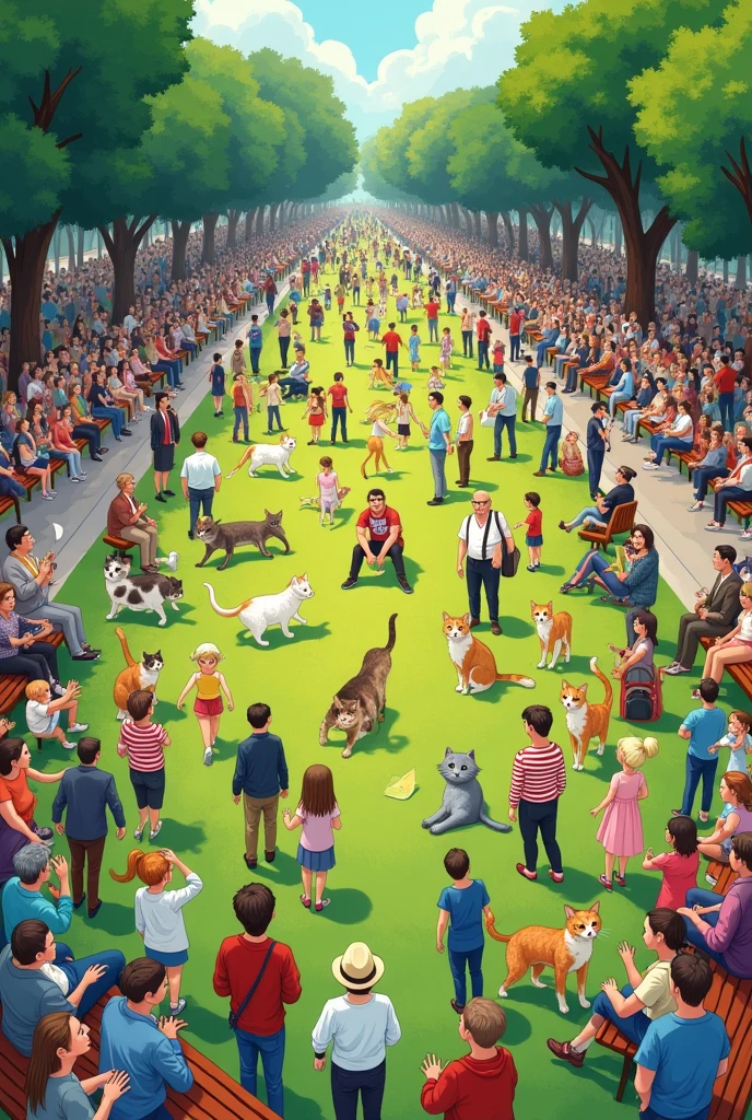 crowded, park, scene, filled, cats, people, where's waldo, detailed, illustration, benches, grass, playground, families, children, playing, hidden cat, crowd, diverse breeds, playful, poses, colorful, vibrant, whimsical, cartoon, panoramic, busy scene, activities, hidden details, search game, children's book