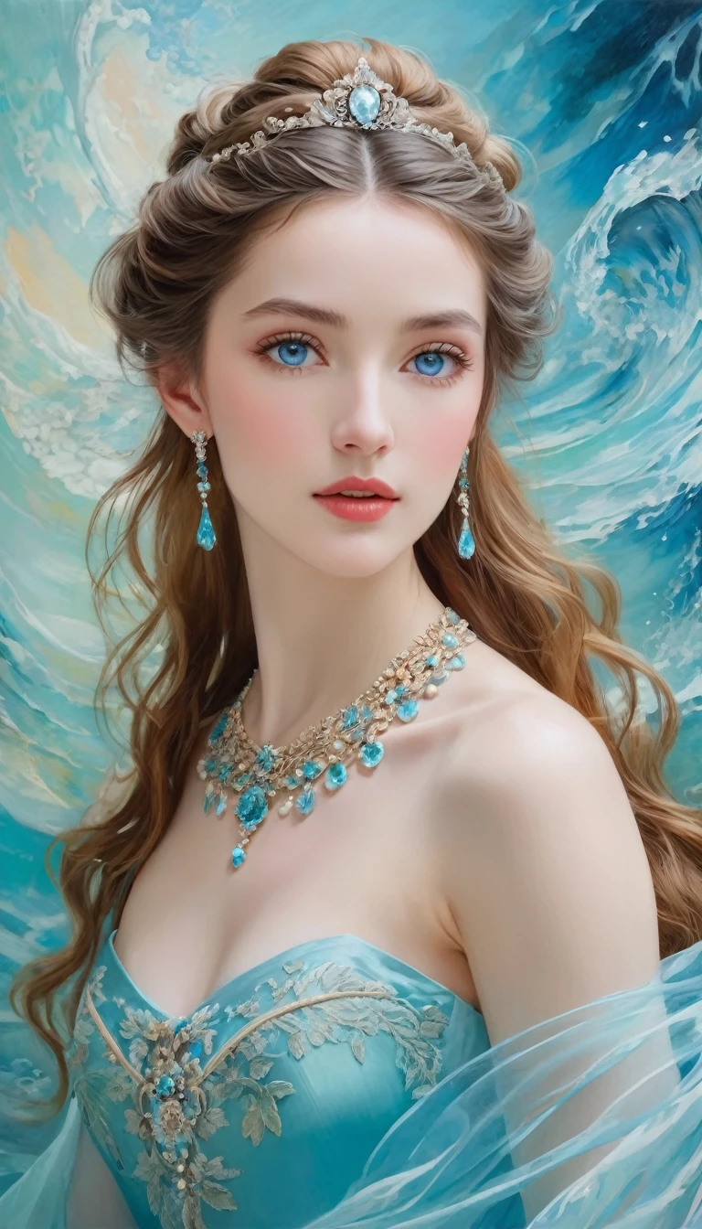 (high resolution,masterpiece:1.2),(Practical:1.37)"(best quality, high resolution, Very detailed, Practical),Beautiful portrait of a 19th century French ballerina, (She is half Scottish，Half Japanese., She is a stunning beauty，With ice blue eyes and a high nose.:1.1), Exquisite ballet costumes, Detailed facial features, Slender and graceful neck, Aquamarine necklace, Flowing hair, Calm and elegant posture, Soft and delicate lighting, Classical oil painting material, Vibrant colors, Delicate background with water pattern", Dreamy atmosphere, Surrealism,Mysterious atmosphere