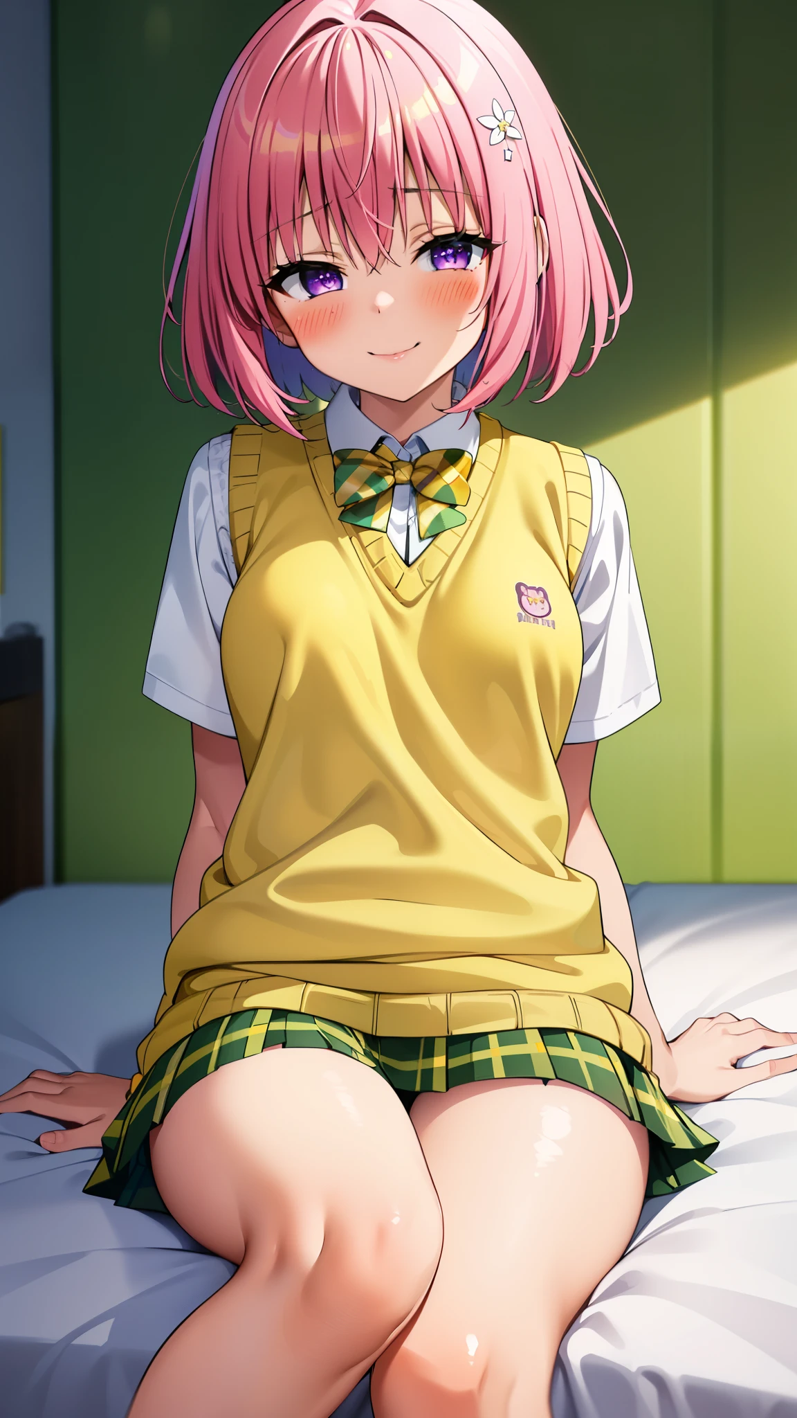 8k,Highest,quality,(highest quality:1.1), (masterpiece:1.4), (Confused:1.0),
1 person, Momo Deviluke, slim waist,hair ornaments, Bobcut, Short Hair Pink Hair, Purple eyes, skinny,Medium chest, green skirt, Plaid, Plaid skirt, sainan high school uniform, skirt, Sweater vest, Knee socks, socks ,(Yellow Sweater:1.5), Short sleeve,white panties,((white bed)),((In her room)), (blush:1.2), smile,(Perfect Fingers),mesugaki,put on adult goods,