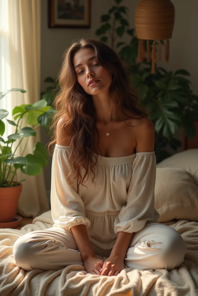 (photorealism:1.2), beautiful woman, sitting on bed, wearing loose off-shoulder top, pajama pants, long curly hair, indoors, soft lighting, plants in background, window with sunlight, cozy room, relaxed pose, realistic, intricate details, warm colors, by Greg Rutkowski, by Alphonse Mucha