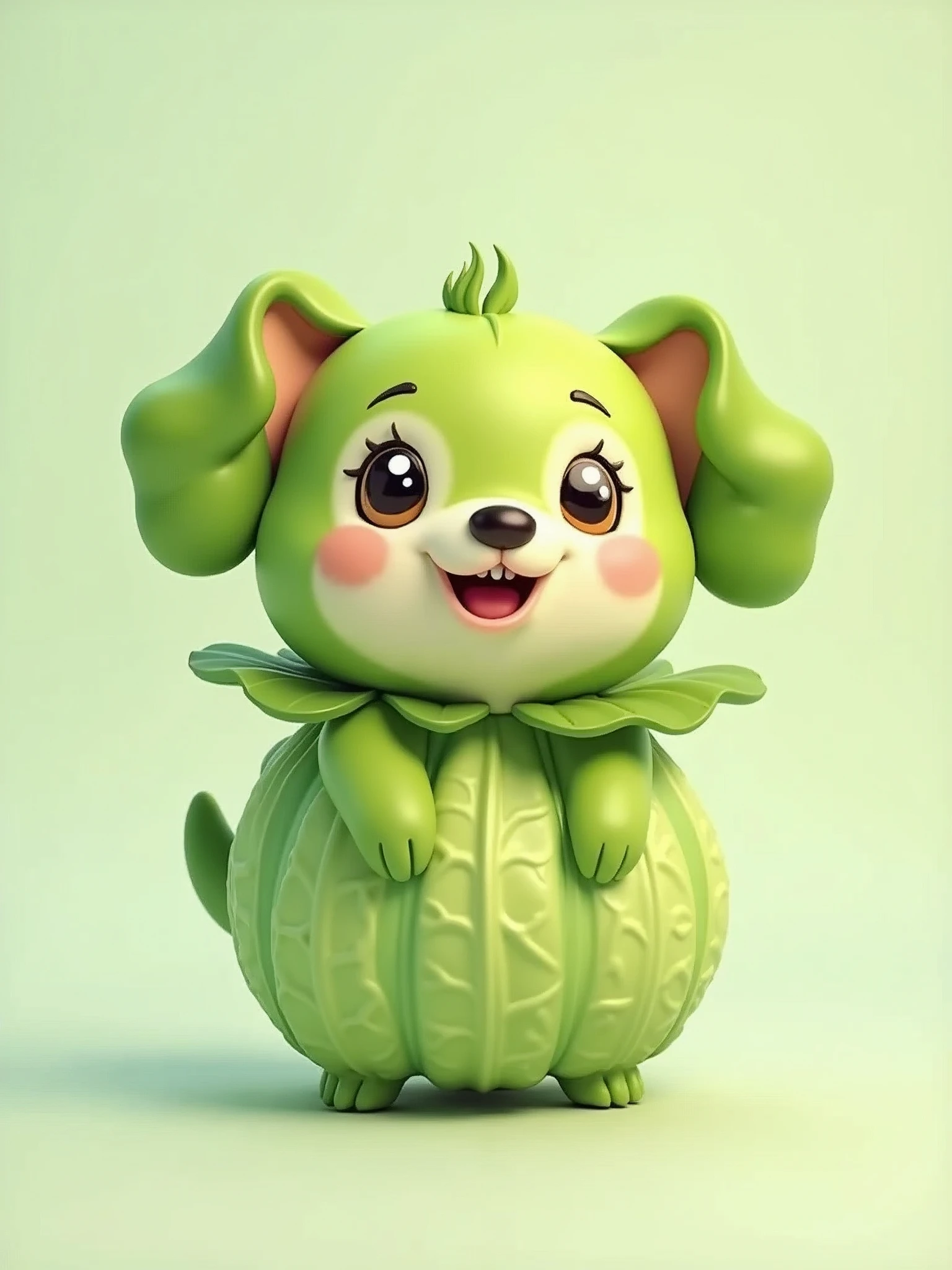 Create a cute, cartoon-style image of a small green dog that looks like it's made from a cabbage. The dog should have a soft, round body with cabbage leaves forming its ears, tail, and body texture. Its face should be expressive and adorable, with big, round eyes and a playful smile. The background should be simple and light, highlighting the dog as the main focus. The overall mood of the image should be fun and whimsical. The dog should appear as if it's exceptionally happy, almost as if it’s seen a surprise that it is going catch the money above him implying it might have seen its own salary slip and decided its joy is unrelated to anyone else.