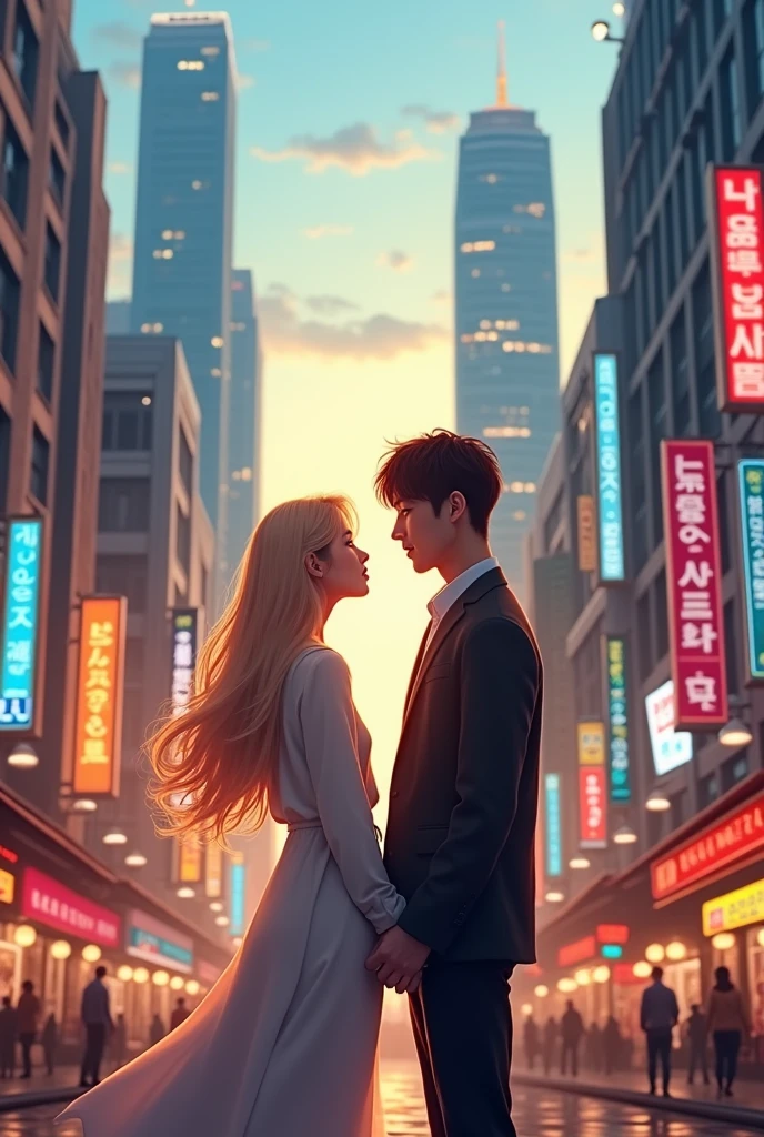 couple, she has long blonde hair, and he is Korean, looking at each other in Seoul city
