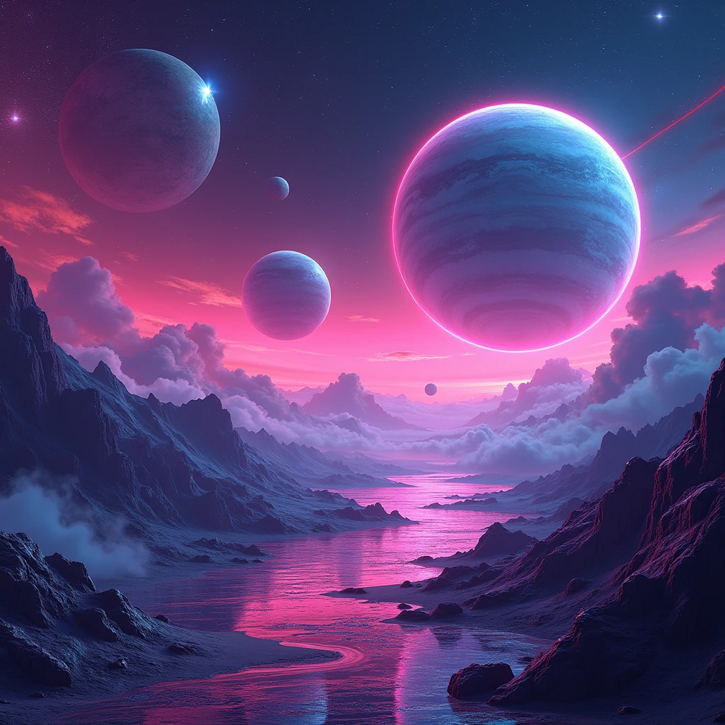 Outer space, neon colors green and violet , meteors and planets