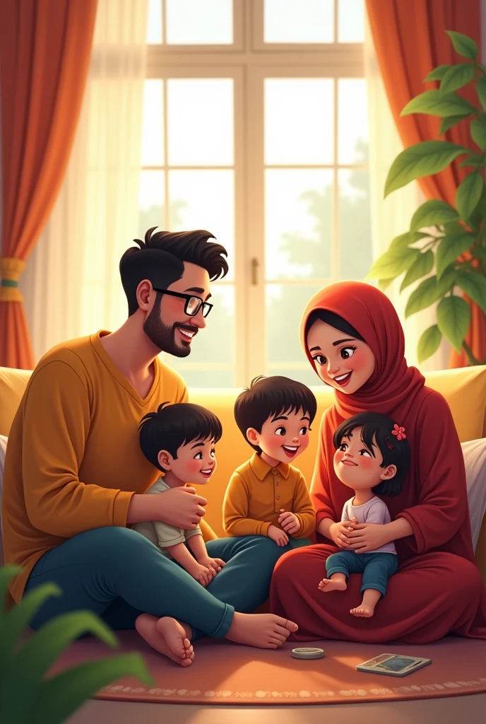A cheerful and vibrant Indonesian family is gathered in a cozy living room. The father, 32 years old, with a short beard and glasses, sits with a warm smile. The mother, a 30-year-old woman wearing a hijab and glasses, is seated beside him, looking lovingly at their children. The eldest son, a 6-year-old boy, is playing with his 5-year-old brother, both full of energy and joy. The youngest, a 1-year-old girl wearing a small hijab, is in her mother's arms, giggling with delight. The room is bright, filled with natural light, and decorated with traditional Indonesian elements, creating a heartwarming atmosphere of familial love and happiness
