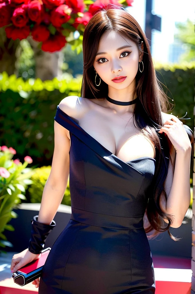 Tzuyu 1, woman, (Realistic), (Hyperrealism), (photoRealistic), Written boundary depth, eye make up:0.7 (whole body:1.8), (Large Bust),(Tight waist), Observe the audience,At the flower garden, Fashion Model,  black dress with open shoulders and neckline
