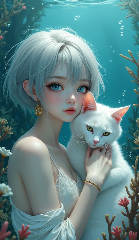 masterpiece, best quality, 8K resolution, very detailed, hairy,blue eyes, gray hair, Short hair, water elements, Underwater background, White cat, White skin, white stripes, White bracelet, corals,bubble, Gold earrings