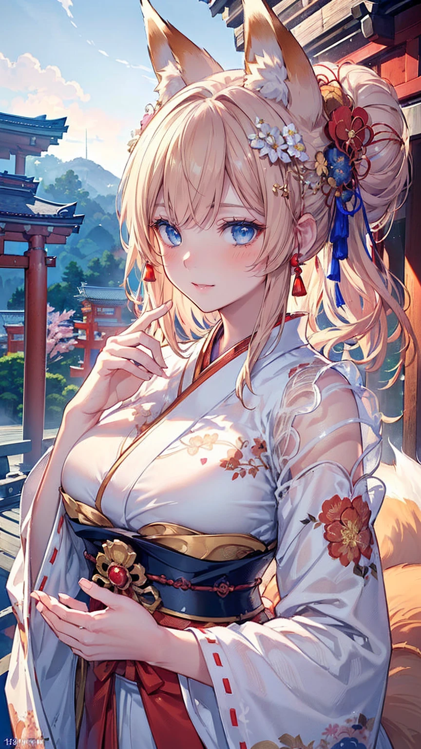 (((Masterpiece))), (((Highest quality))), ((Ultra-detailed)), ((Super fine illustration)), ((Ultra-fine painting)), (16K highest quality wallpaper:1.4), (Upper body:1.6), HDR, (Highly detailed and delicate illustration style:1.8), Detailed skin texture, Detailed cloth texture, Extreme detailed description, (T-masterpiece), (Highly detailed face:1.2), (Highly detailed fox ears:1.2), (Highly detailed shiny golden brown half updo:1.2), (Highly detailed clear blue eyes:1.2), Original, RAW photo, Professional, Intricate details, Super details, Direct light:1.6, (Perfect anatomy:1.4), (Highly detailed hands:1.2), (Highly detailed fingers:1.2), (Highly detailed fingertips:1.2), (27-years-old), Real, (Solo:1.8), ((A very beautiful and attractive fox fashion model with blue eyes wearing a bright red furisode with a floral pattern:1.4)) BRAKE (Beautiful and adorable fox ears:1.6), (Highly detailed and delicate fox ears:1.4), (Beautiful and well-shaped big breasts:1.2), (Beautiful and well-shaped buttocks), (Beautiful and shiny golden brown half updo:1.4), (Highly detailed and delicate golden brown half updo:1.2), (Beautiful clear blue eyes that shine with great detail:1.6), (Highly detailed and delicate blue eyes:1.2), (Highly detailed face:1.4), (Smile:1.5), (Blush:1.4), (Looking at viewer:1.4), (Celebration:1.4) BRAKE (Bright red furisode with floral pattern:1.4), (Japanese traditional costume:1.2) BRAKE (Concept art:1.2), (Detailed fantasy art:1.2) BRAKE (Highly detailed and delicate Ise Grand Shrine in Mie Prefecture in the background just after noon in spring:1.6), (Celebration:1.4), Ise Grand Shrine:1.4, Torii gate of Ise Shrine:1.4, Very beautiful in the sunny sky background just after noon:1.4 BRAKE