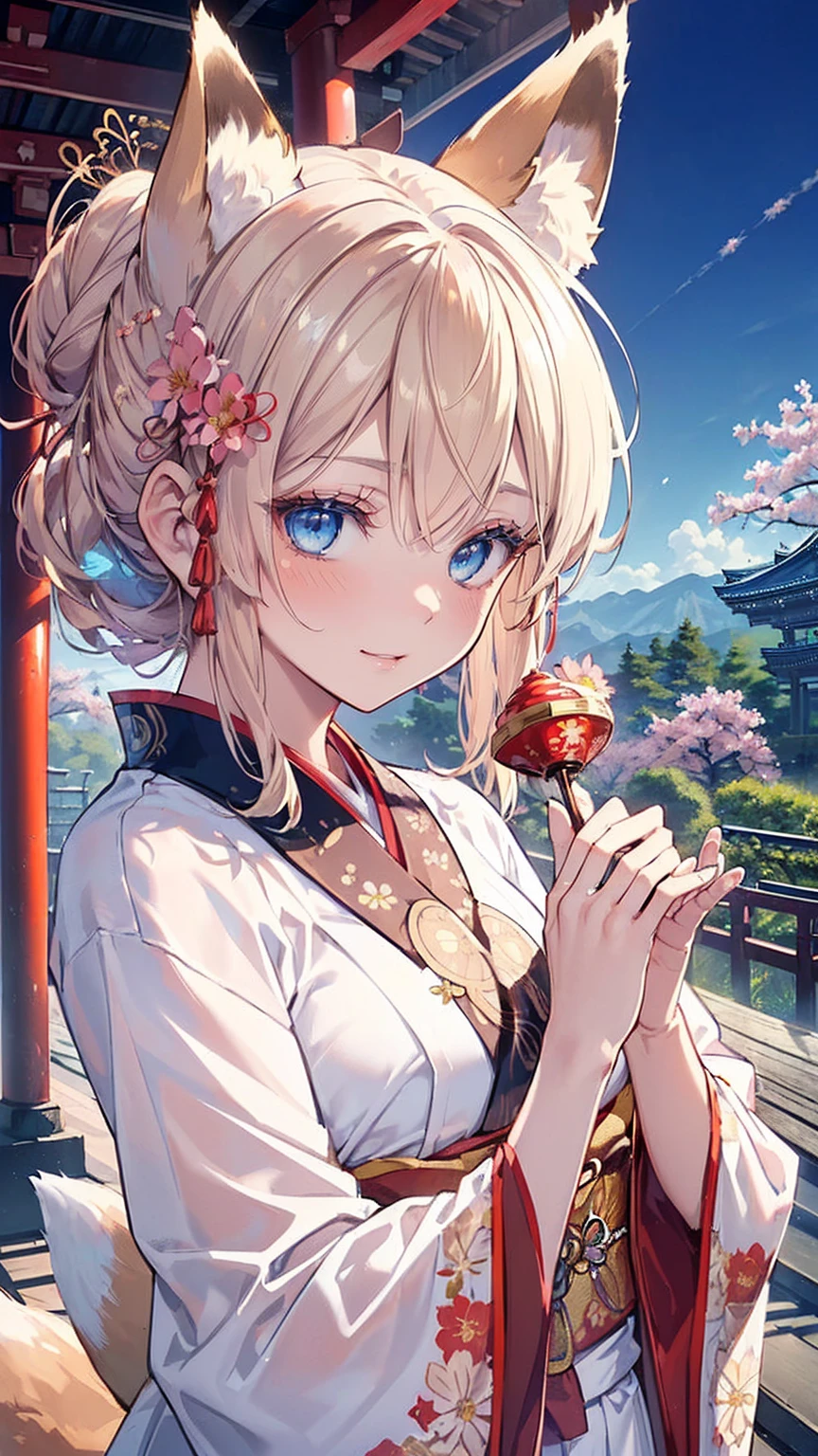 (((Masterpiece))), (((Highest quality))), ((Ultra-detailed)), ((Super fine illustration)), ((Ultra-fine painting)), (16K highest quality wallpaper:1.4), (Upper body:1.6), HDR, (Highly detailed and delicate illustration style:1.8), Detailed skin texture, Detailed cloth texture, Extreme detailed description, (T-masterpiece), (Highly detailed face:1.2), (Highly detailed fox ears:1.2), (Highly detailed shiny golden brown half updo:1.2), (Highly detailed clear blue eyes:1.2), Original, RAW photo, Professional, Intricate details, Super details, Direct light:1.6, (Perfect anatomy:1.4), (Highly detailed hands:1.2), (Highly detailed fingers:1.2), (Highly detailed fingertips:1.2), (27-years-old), Real, (Solo:1.8), ((A very beautiful and attractive fox fashion model with blue eyes wearing a bright red furisode with a floral pattern:1.4)) BRAKE (Beautiful and adorable fox ears:1.6), (Highly detailed and delicate fox ears:1.4), (Beautiful and well-shaped big breasts:1.2), (Beautiful and well-shaped buttocks), (Beautiful and shiny golden brown half updo:1.4), (Highly detailed and delicate golden brown half updo:1.2), (Beautiful clear blue eyes that shine with great detail:1.6), (Highly detailed and delicate blue eyes:1.2), (Highly detailed face:1.4), (Smile:1.5), (Blush:1.4), (Looking at viewer:1.4), (Celebration:1.4) BRAKE (Bright red furisode with floral pattern:1.4), (Japanese traditional costume:1.2) BRAKE (Concept art:1.2), (Detailed fantasy art:1.2) BRAKE (Highly detailed and delicate Ise Grand Shrine in Mie Prefecture in the background just after noon in spring:1.6), (Celebration:1.4), Ise Grand Shrine:1.4, Torii gate of Ise Shrine:1.4, Very beautiful in the sunny sky background just after noon:1.4 BRAKE