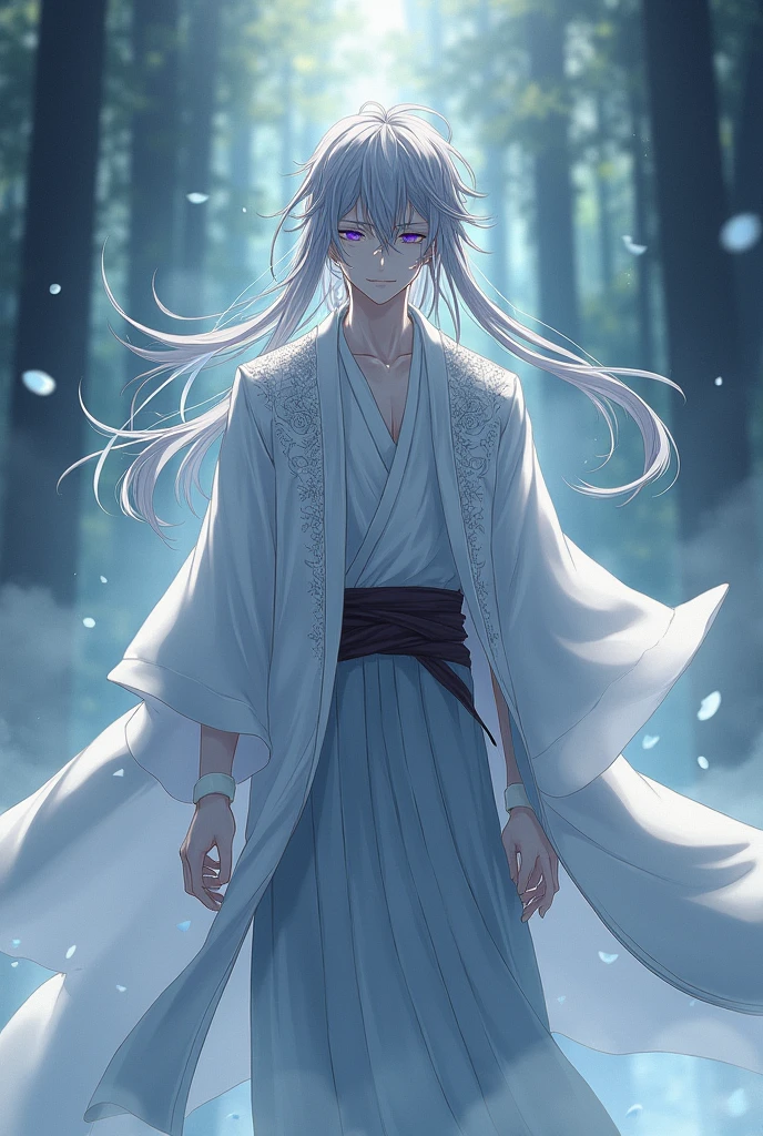 tall and slender, with long silver hair and intense violet eyes. His skin is pale and marked by old scars., that tell stories of past battles. Wears a white haori with silver details, that resembles a dense fog when it moves.
Personalidade: Introspective and calm, Kazuki prefers solitude and meditation. Has a strong sense of justice and honor, but his solitary nature makes him distant and difficult to approach. Despite his serene appearance, hides a deep sadness and a past marked by losses. anime styling