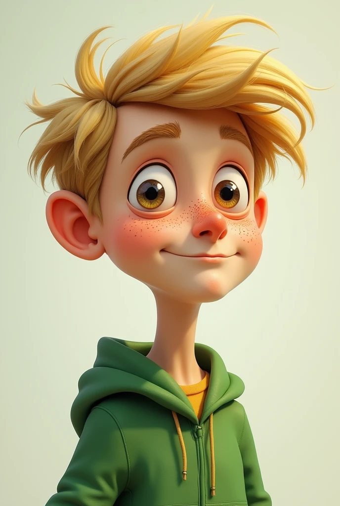 Skinny white man with blond hair who wears green clothes and freckles, eyes a little slanted on his cute face