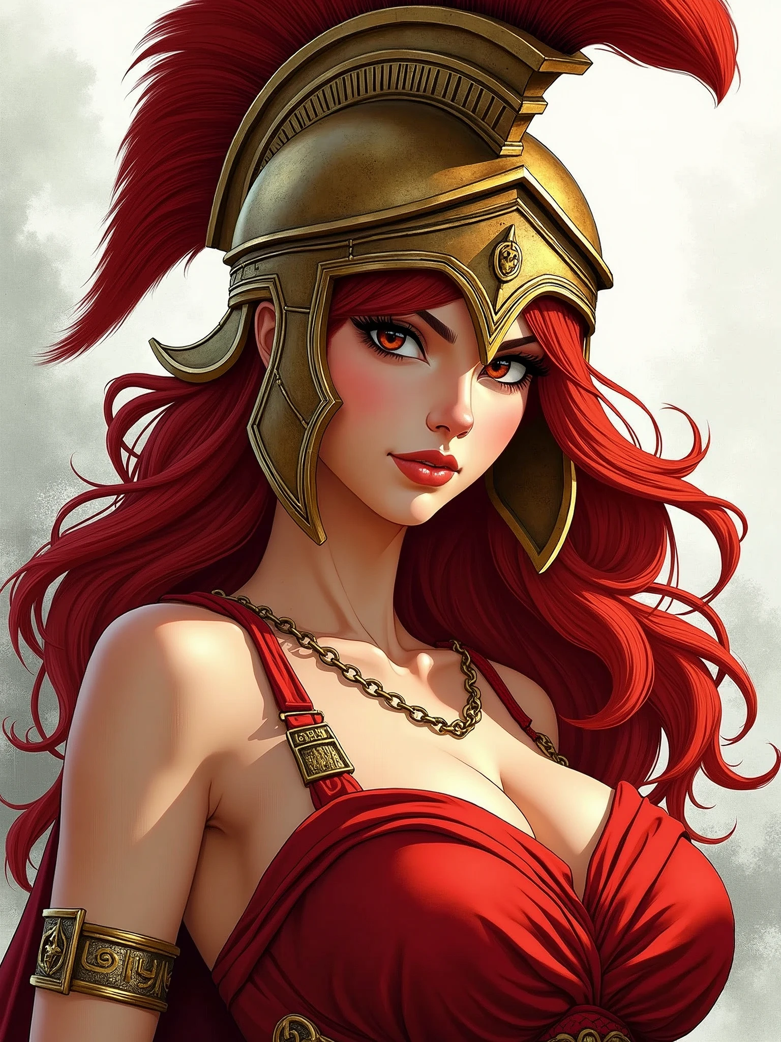 athena wearing roman helmet, red hair, manga style, digital art