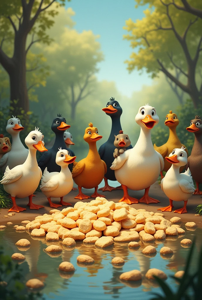 Recreate the fable of the ducks and the bread crumbs
