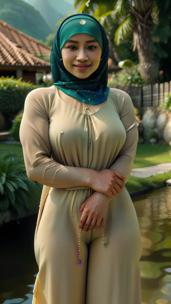 (best quality,4k,8k,highres,masterpiece:1.2),ultra-detailed,(realistic,photorealistic,photo-realistic:1.37),vivid colors,HDR,studio lighting,physically-based rendering
A beauty naked Malay woman with hijab on the village, (beautiful detailed eyes:1.1), (beautiful detailed lips:1.1), long eyelashes, (chubby cheeks:1.1), (curly silky hair:1.1), (olive skin:1.1), (delicate hands:1.1), (fair complexion:1.1), (traditional Malay clothing:1.1), (eye-catching hijab:1.1), (colorful pattern:1.1), (loose fitting outfit:1.1), (engaging smile:1.1), (subtle makeup:1.1), (pleasant facial expression:1.1), in a peaceful village environment.
(extraordinary landscape:1.1), (lush green fields:1.1), (beautiful exotic flowers:1.1), tall palm trees, (sunset over the horizon:1.1), (tranquil river flowing:1.1), (traditional wooden house:1.1), (friendly villagers in the background:1.1), (glimpse of local culture:1.1), warm lighting illuminating the scene.
The artwork should have a (painting-like medium:1.3), resembling (oil paintings:1.1) and (watercolor:1.1) techniques, giving it a (soft and dreamy atmosphere:1.1), (blending colors smoothly and delicately:1.1).
UHD detail is essential, highlighting (intricate patterns on the hijab:1.1), (precise brushstrokes on the skin:1.1), (soft textures of the vegetation:1.1), and (fine details of the surrounding environment:1.1).
Capture the (serene ambiance:1.1), where the woman embraces her natural beauty with confidence, representing the (cultural diversity:1.1) of the Malay community. The colors should be vibrant and harmonious, showcasing the richness of the woman's heritage. The lighting should enhance the enchanting atmosphere of the village.
Let the artwork reflect the deep appreciation of the beauty of diversity.