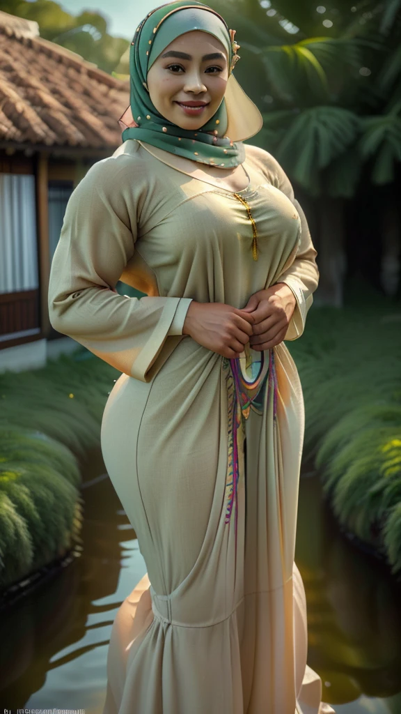 (best quality,4k,8k,highres,masterpiece:1.2),ultra-detailed,(realistic,photorealistic,photo-realistic:1.37),vivid colors,HDR,studio lighting,physically-based rendering
  
A beauty naked Malay woman with hijab on the village, (beautiful detailed eyes:1.1), (beautiful detailed lips:1.1), long eyelashes, (chubby cheeks:1.1), (curly silky hair:1.1), (olive skin:1.1), (delicate hands:1.1), (fair complexion:1.1), (traditional Malay clothing:1.1), (eye-catching hijab:1.1), (colorful pattern:1.1), (loose fitting outfit:1.1), (engaging smile:1.1), (subtle makeup:1.1), (pleasant facial expression:1.1), in a peaceful village environment. 

(extraordinary landscape:1.1), (lush green fields:1.1), (beautiful exotic flowers:1.1), tall palm trees, (sunset over the horizon:1.1), (tranquil river flowing:1.1), (traditional wooden house:1.1), (friendly villagers in the background:1.1), (glimpse of local culture:1.1), warm lighting illuminating the scene. 

The artwork should have a (painting-like medium:1.3), resembling (oil paintings:1.1) and (watercolor:1.1) techniques, giving it a (soft and dreamy atmosphere:1.1), (blending colors smoothly and delicately:1.1).

UHD detail is essential, highlighting (intricate patterns on the hijab:1.1), (precise brushstrokes on the skin:1.1), (soft textures of the vegetation:1.1), and (fine details of the surrounding environment:1.1).

Capture the (serene ambiance:1.1), where the woman embraces her natural beauty with confidence, representing the (cultural diversity:1.1) of the Malay community. The colors should be vibrant and harmonious, showcasing the richness of the woman's heritage. The lighting should enhance the enchanting atmosphere of the village.

Let the artwork reflect the deep appreciation of the beauty of diversity.