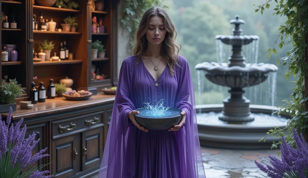 woman in violet priestess cape holding bowl of water, with water inside, convey depth, in the background a cupboard with various aromatic herbs, essential oils, Lavender, a large fountain with water behind it