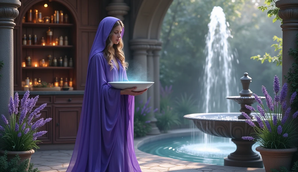 woman in violet priestess cape holding bowl of water, with water inside, convey depth, in the background a cupboard with various aromatic herbs, essential oils, Lavender, a large fountain with water behind it