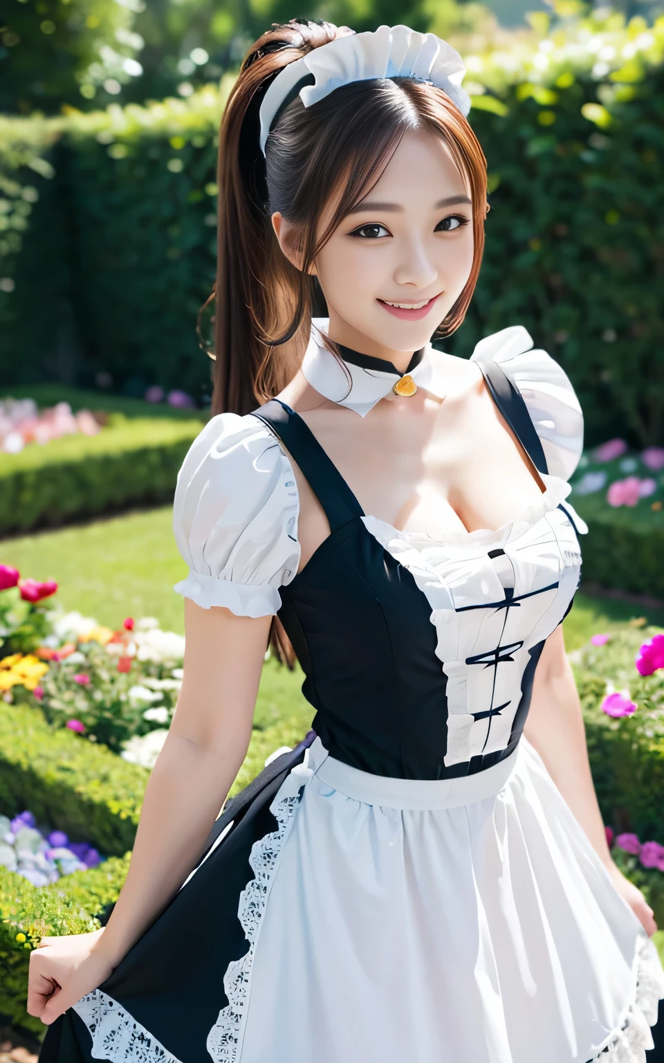 Beauty,  high quality, Complete, In detail, High resolution, 8k wallpaper, whole body, Perfect dynamic composition,  Beautiful attention to detail, Random sexy poses, Charm,Alluring, 20 year's old, round face, smile, ((maid)), garden, ponytail