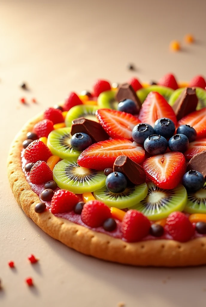 A large pizza made of various fruits and cute chocolates，Very tasty，The aroma is attractive