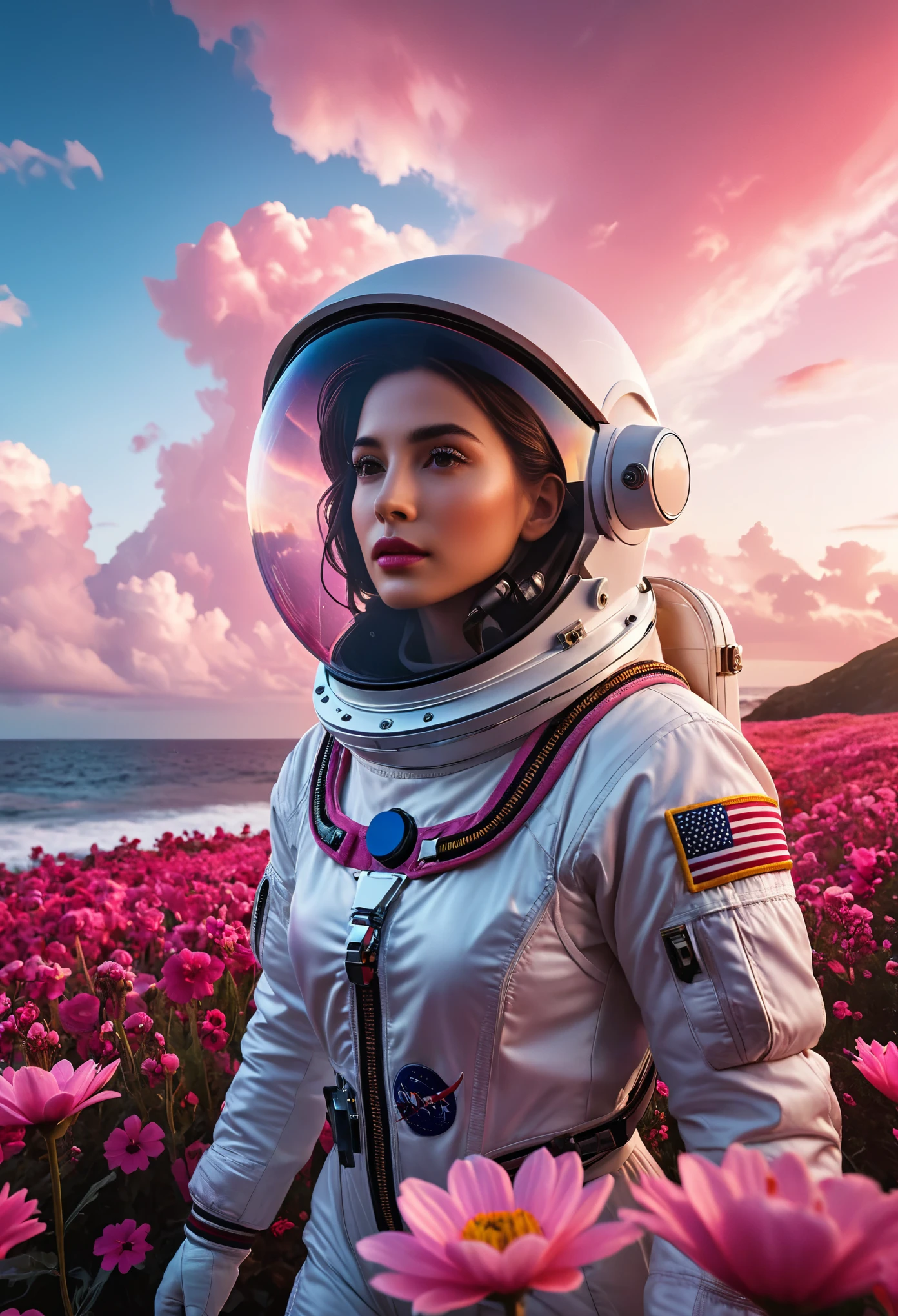 A lone astronaut, beautiful detailed eyes, beautiful detailed lips, extremely detailed eyes and face, long eyelashes, walking through a surreal sea of vibrant flowers, pink clouds dotting the sky, 1 astronaut, cinematic dramatic lighting, hyperrealistic, highly detailed, 8k, photorealistic, masterpiece, intricate, ethereal, dreamy, whimsical, mood lighting, glowing, luminous, mystical, fantastical, sci-fi, concept art