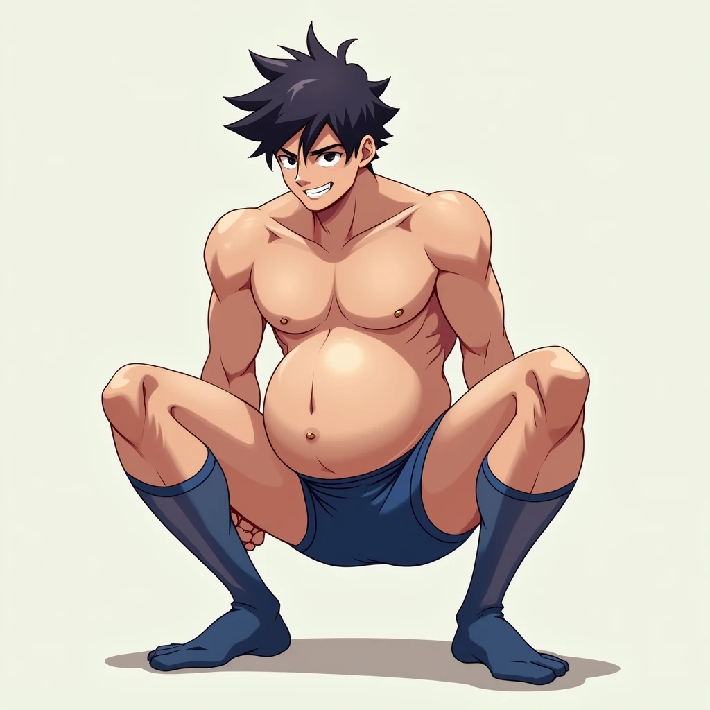 anime art, a guy wearing blue underwear, big bulge, and transparent blue sheer socks, squatting down