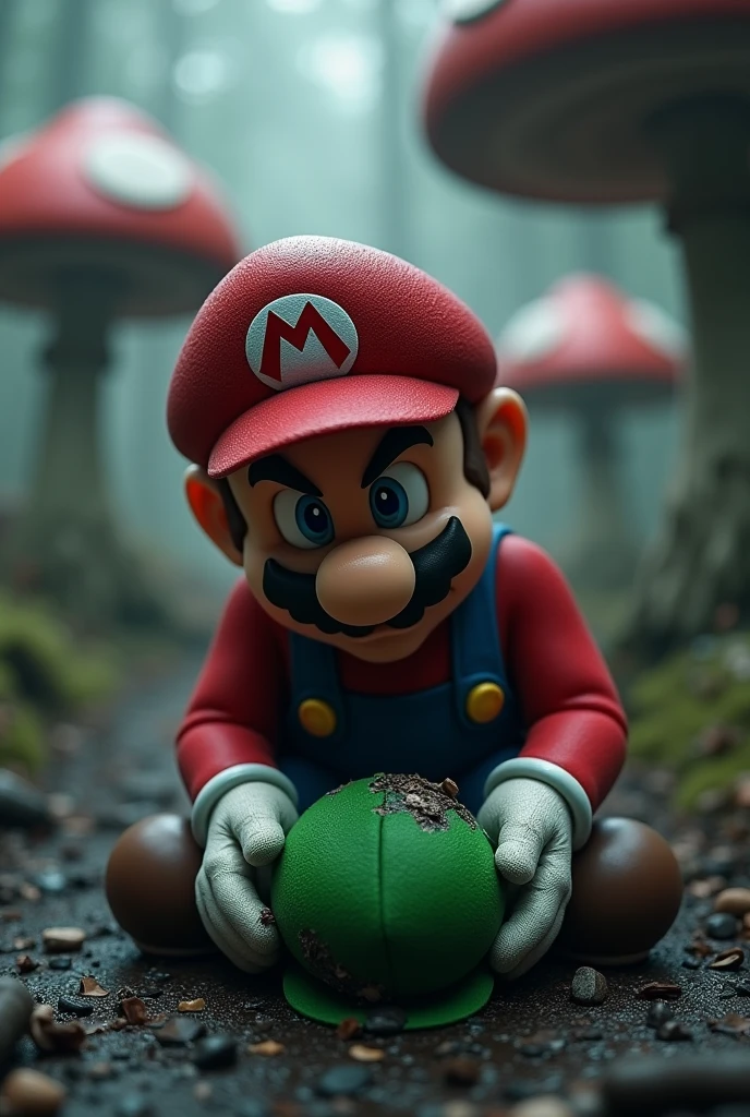 Mario Bros, hyper realistic, Live Actions, defeated, sad, crying, holding in hands Luigi's green cap Destroyed, pain, on my knees suffering, fondo de Reino Champiñon con hongos gigantes oscuro y sad.