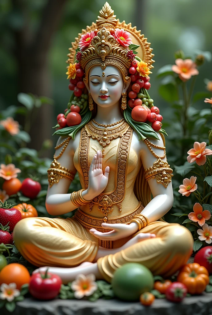 Create an ultra-realistic image of a vibrant and intricately crafted statue of a deity. The figure should be seated in a meditative pose, adorned with detailed accessories made from various produce. The background should feature a lush floral arrangement, enhancing the serene and artistic atmosphere. The lighting should be soft and natural, highlighting the textures and colors of the fruits, with a focus on realism and artistic presentation.