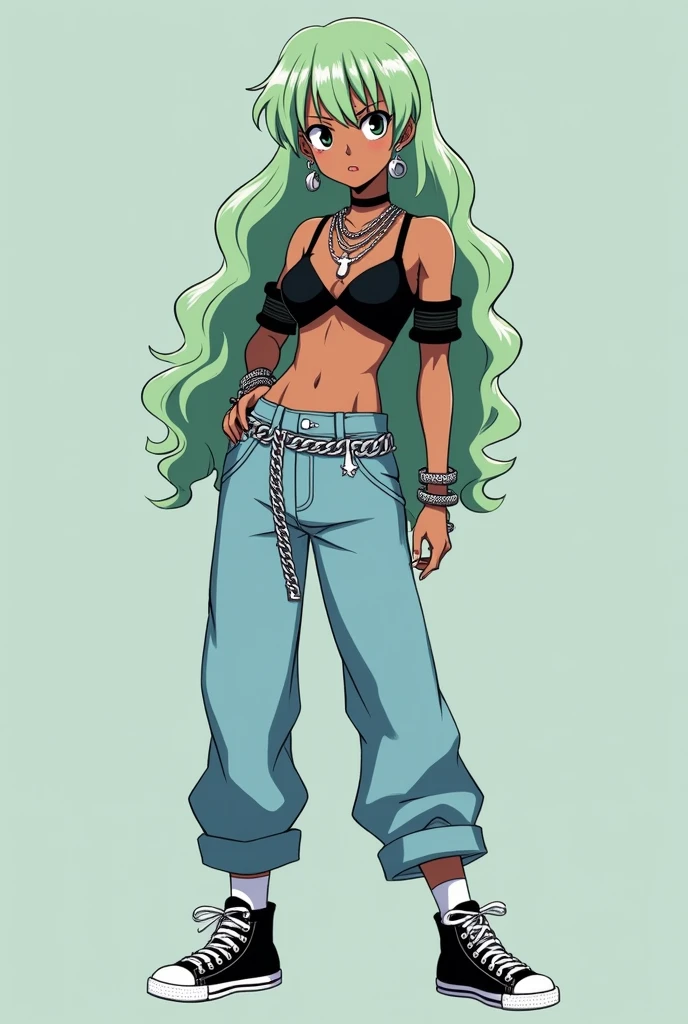 Screenshot of My hero academia girl with light moss green wavy hair layered to waist length and with open bangs on the sides, eyes somewhat slanted and light brown with black eyeliner, brown skin, with somewhat long silver earrings and a long necklace with a guitar figure and 3 other necklaces of different sizes, slim, dressed in light blue canvas pants with a hem, The pants reach the height of the calves, In the belt part it has like silver chains, Black Converse high-top shoes and long white socks that are only slightly visible, a black strappy blouse that reaches just above the waist and with an open blouse without buttons or a plain off-white zipper