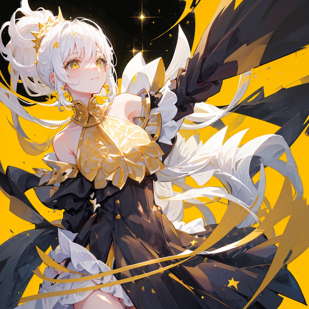 A girl with a white high ponytail,Hopeful expression,happy,White hair,Gorgeous clothes,Black gold tone,Stars are shining around the body,Gold decorations,((Pure yellow background))