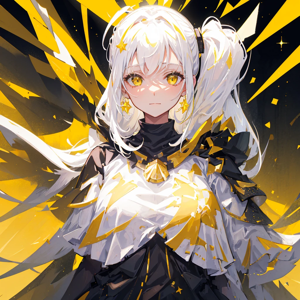 A girl with a white high ponytail,Hopeful expression,happy,White hair,Gorgeous clothes,Black gold tone,Stars are shining around the body,Gold decorations,((Pure yellow background))