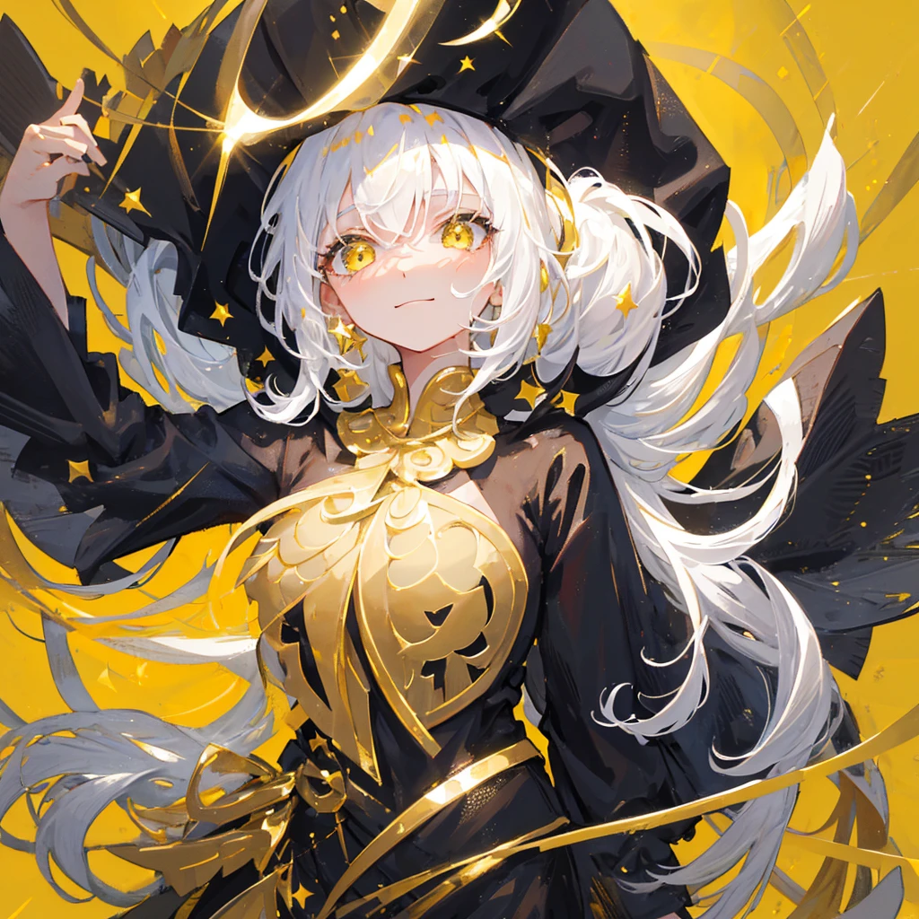A girl with a white high ponytail,Hopeful expression,happy,White hair,Gorgeous clothes,Black gold tone,Stars are shining around the body,Gold decorations,((Pure yellow background))