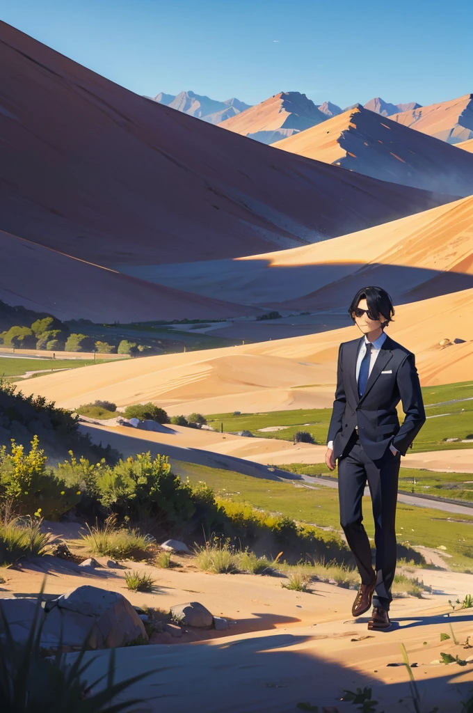 A person in a suit leaving a desert place and going to a place with green pastures and beautiful blue skies., highlighting the transition from desert to green pastures