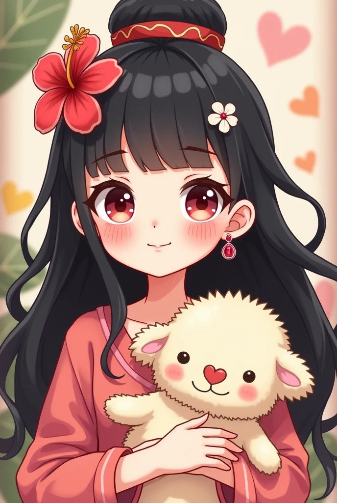 A square-shaped image,Cartoon Characters ,There is a cute,Centered in the image,Fair skin,Black long hair,There is a hibiscus flower on the head,There is a ruby earring on the right ear.,Wearing cute and gorgeous clothes,Holding a furry doll,A little more background