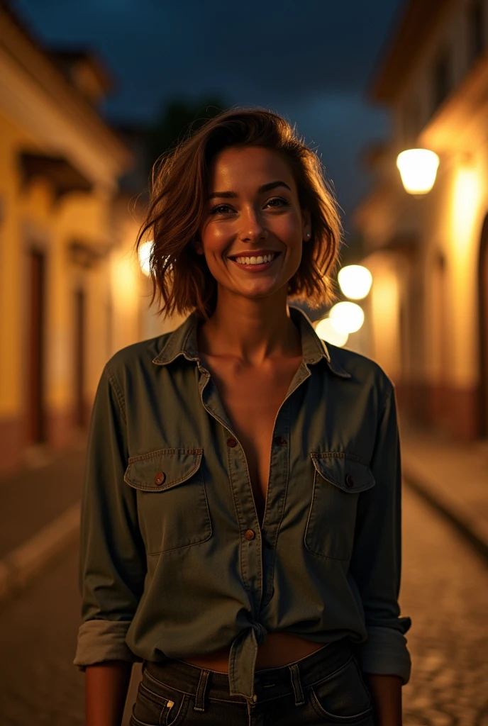 Beautiful latina with light brown eyes, 40 years old, woman wearing a crew neck t-shirt, closed hoodie, full body view, in colombia, on a colonial street, at night, Almond shaped eyes, Oval face shape, L size body, Short naturally wavy hair, High resolution, Masterpiece, Best quality, Intricate details, Highly detailed, Sharpness, Detailed skin texture, Eye details, Profession, 4k resolution, Charming smile, Shot with cone, Depth of field, Kodak vision color, 100 kilos, Extremely detailed, Ultra realistic photography, Realistic photo, Post processing, Maximum detail, True to life, Instagram model.