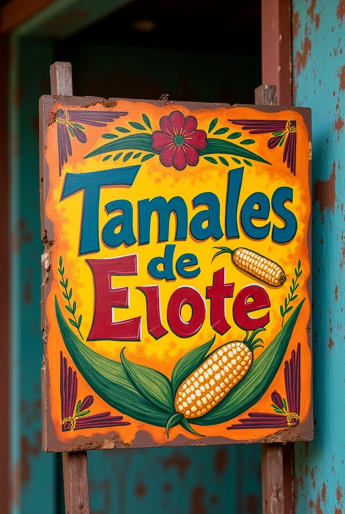 A typical Guatemalan style sign that says corn tamales in Spanish