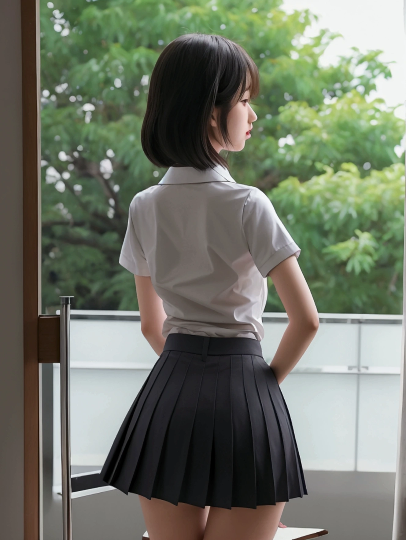 Hyperrealistic, Super Lewd 2 , No Face,Japanese School Uniform, Very long thin legs,Stick your butt out, underpants, Back view, Near the feet, Calf, Thighs, Angle from below,ankle socks, Very short skirt,standing, tall, one person&#39;s, ((Highest quality)), Ultra-detailed drawing