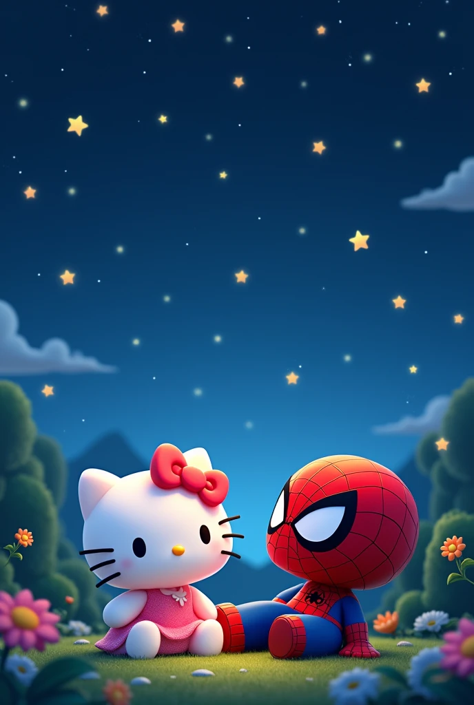 Hello kitty with spiderman watching the stars lying down animated
