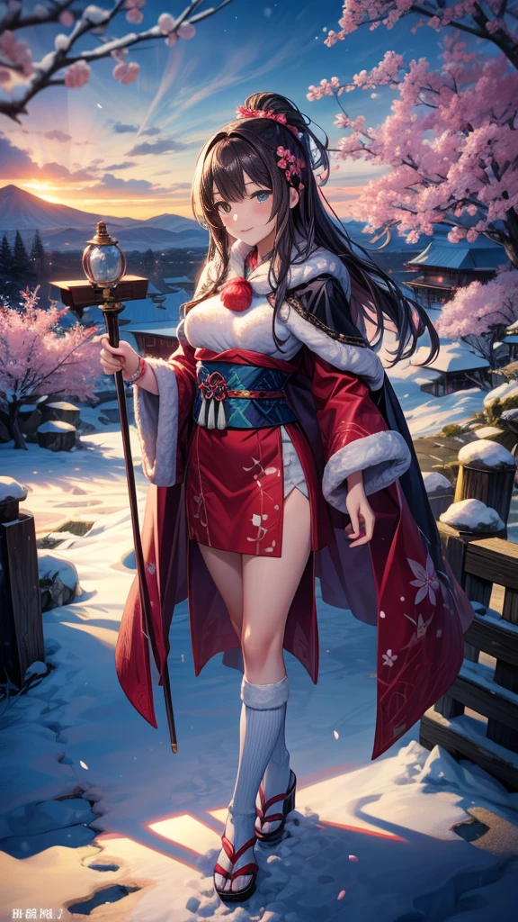 "Create an anime-style full-body illustration of a female character representing Hokkaido. She is depicted as a graceful and serene figure, embodying the natural beauty and rich culture of Hokkaido. She wears a traditional Ainu-inspired outfit with modern touches, including a fur-lined cape and intricate embroidery. Her long, flowing hair is reminiscent of snow-capped mountains, and she carries a staff adorned with cherry blossoms and autumn leaves, symbolizing the seasonal beauty of the region. The background features a scenic view of Hokkaido's iconic landscapes, such as rolling hills, hot springs, and snow-covered fields. Her eyes are deep and expressive, reflecting the serene and majestic nature of Hokkaido."