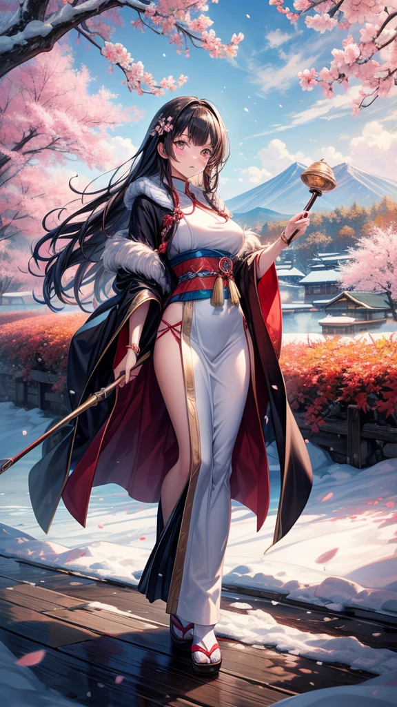 "Create an anime-style full-body illustration of a female character representing Hokkaido. She is depicted as a graceful and serene figure, embodying the natural beauty and rich culture of Hokkaido. She wears a traditional Ainu-inspired outfit with modern touches, including a fur-lined cape and intricate embroidery. Her long, flowing hair is reminiscent of snow-capped mountains, and she carries a staff adorned with cherry blossoms and autumn leaves, symbolizing the seasonal beauty of the region. The background features a scenic view of Hokkaido's iconic landscapes, such as rolling hills, hot springs, and snow-covered fields. Her eyes are deep and expressive, reflecting the serene and majestic nature of Hokkaido."