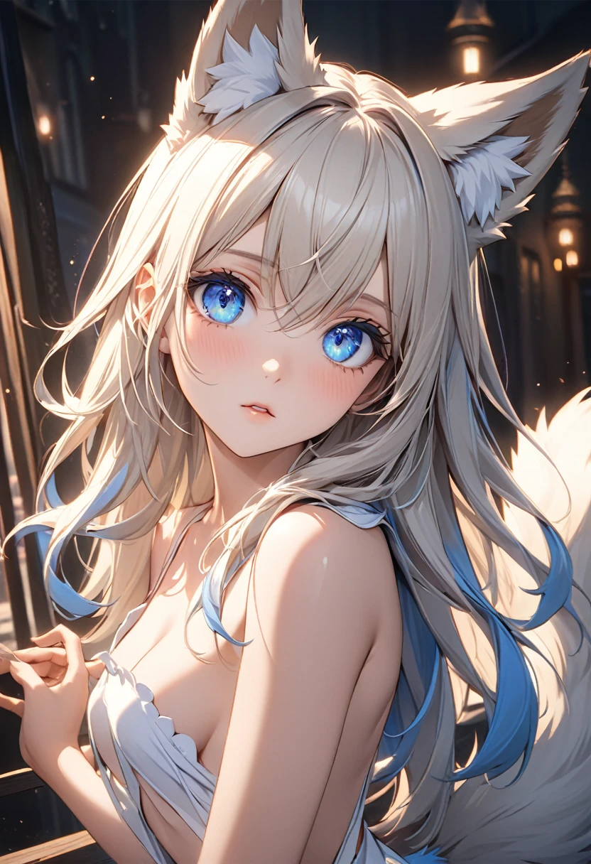 Longhair, (Blue Eyes:1.5),  animal ears, tail, Platinum Blonde Hair,   Wolf ears, Wolf tail,  (small breast:1.2), BREAK looking at viewer, BREAK outside, BREAK (masterpiece:1.2), best quality, high resolution, unity 8k wallpaper, (illustration:0.8), (beautiful detailed eyes:1.6), extremely detailed face, perfect lighting, extremely detailed CG, (perfect hands, perfect anatomy),