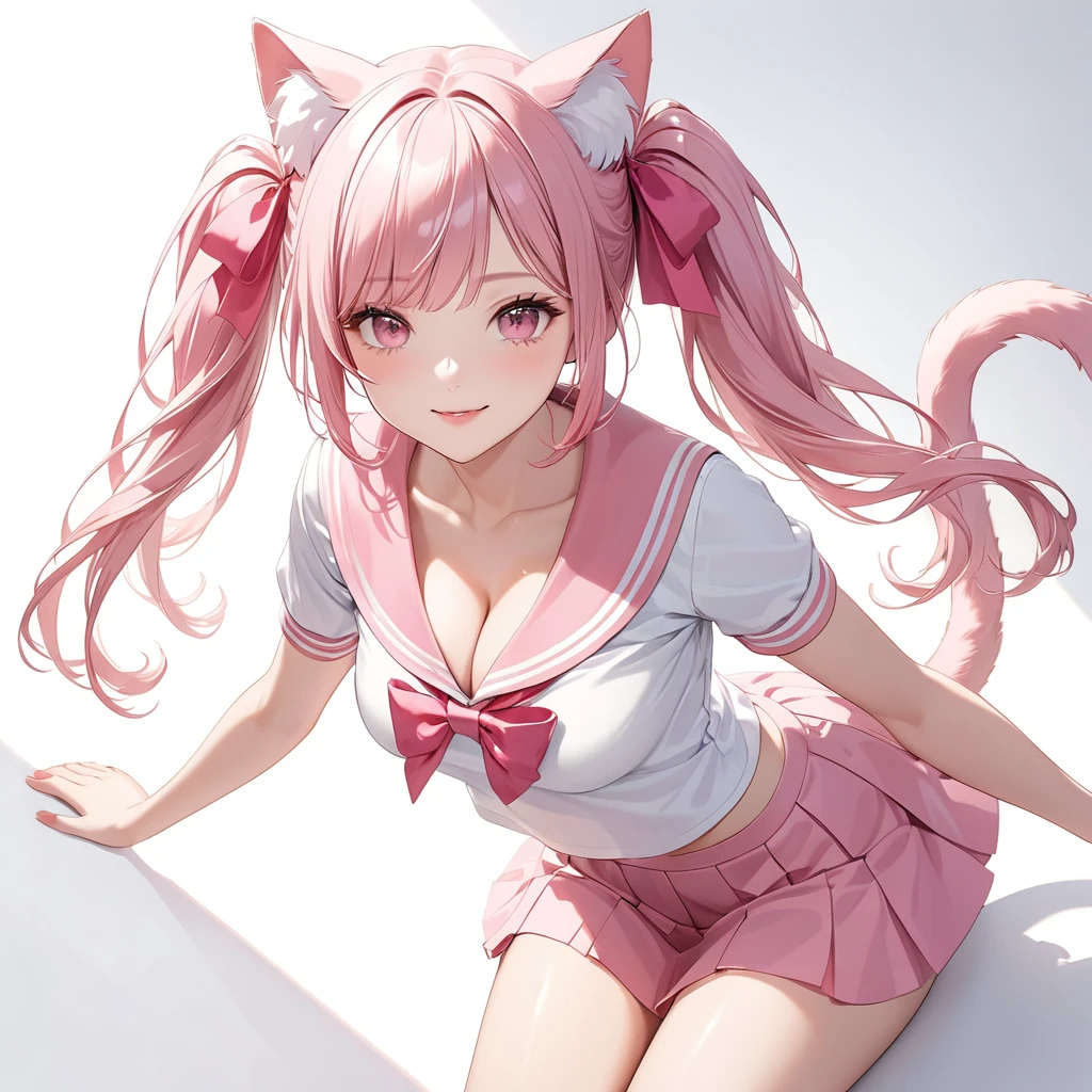 (8K, masutepiece, Best Quality, Official art, Breathtaking beauty and aesthetics, highly beautiful lighting, highly beautiful detailed), (1 Girl, Solo), (), (beautiful detailed face), (shiny white skin), (Beautiful big bust, cleavage, thighs, navel focus:1.3), (beautiful detailed pink twin tails hair, Bangs:1.3), (beautiful detailed drooping pink eyes:1.5), (high school uniform:1.3), (patsel pink sailor collar, white short sleeves short length outing shirt, pastel pink pleated skirt, patsel pink ribbon:1.3), (happy smile:1.2), (cute cat ears, cute fluffy cat tail:1.3), (Attractive, sensational, look at the camera, cute pose, lying, lie on her back, from above:1.3), (simple white plain background:1.5),