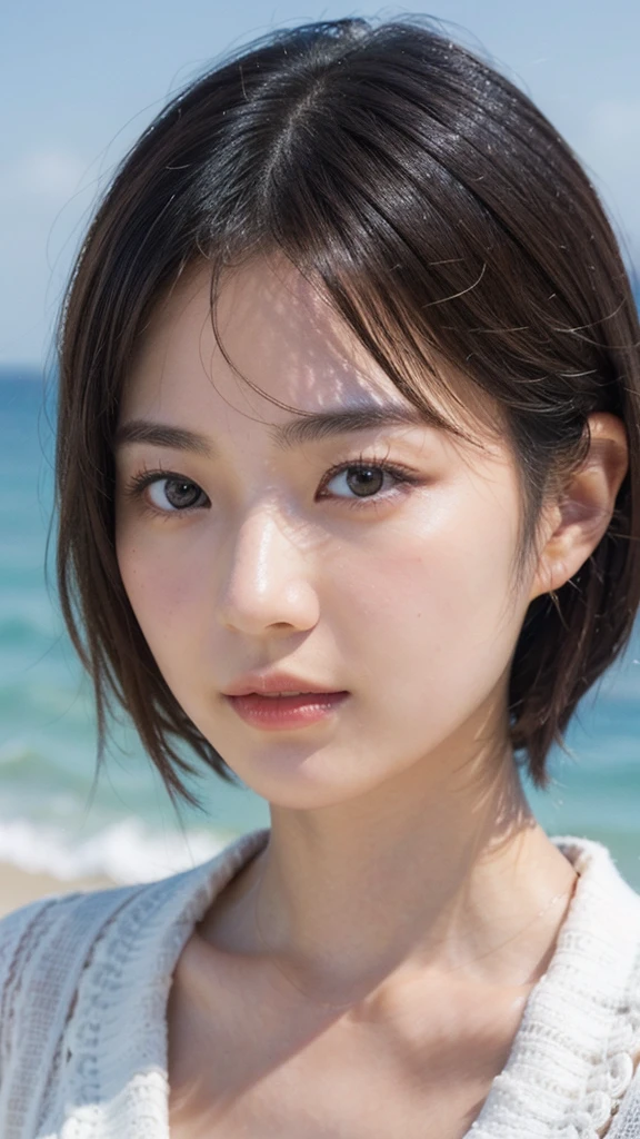 Model actress、One Woman、cool、Japanese and half European、Close-up of face、30 generation beauty、Realistic Skin、Seaside、short hair