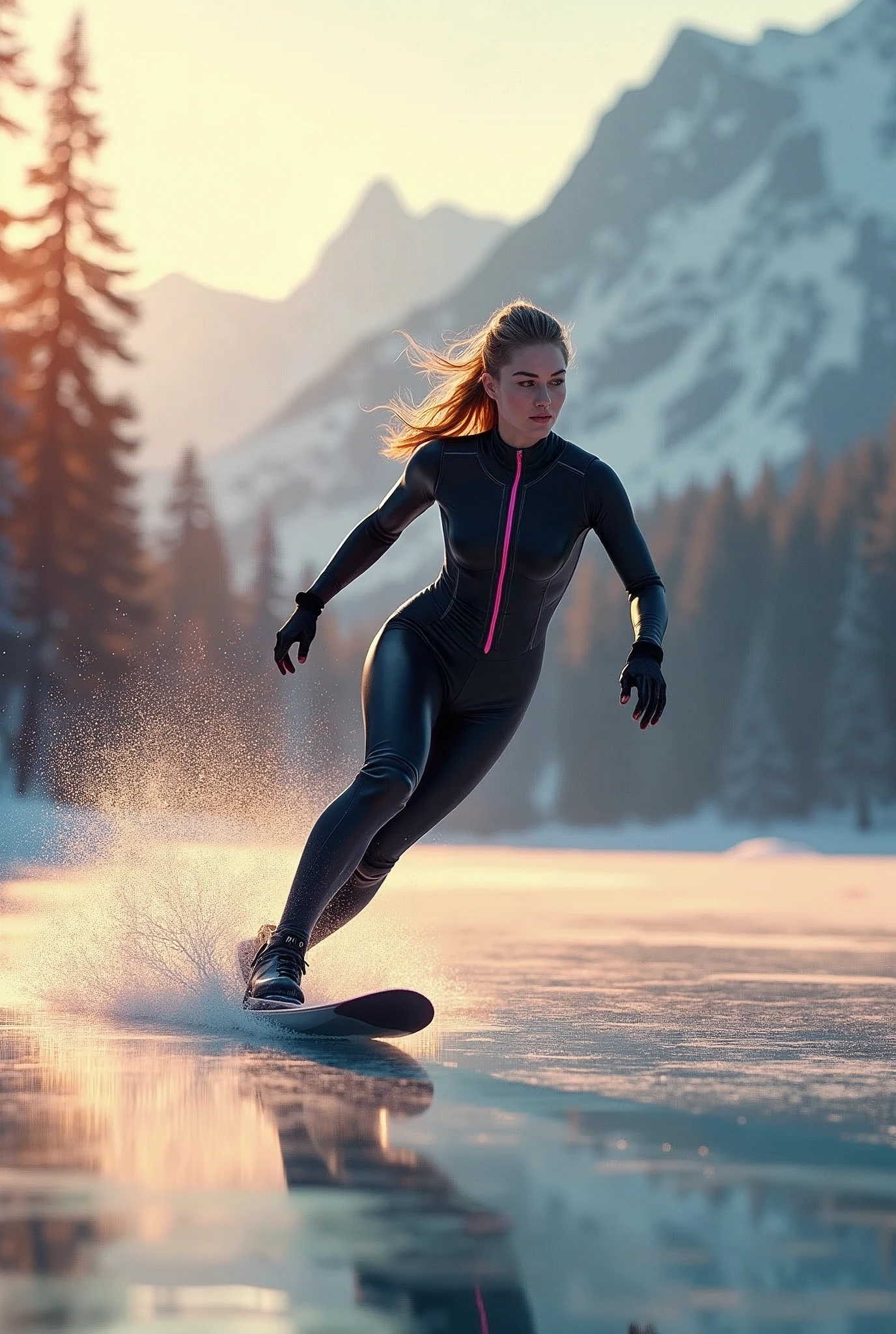 young woman skating on frozen lake, forest, behind, mountains with snow, clear sky, sunset, orange lights, POWERSLIDE SPEED FULL BODY SUIT