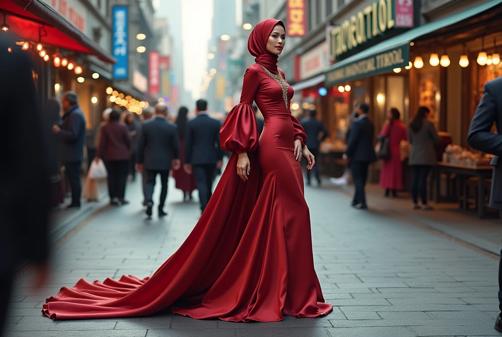 An malay woman in glamorous mermaid evening gown with long ballon sleeve, long satin scarf wrapped around her arms, wear jewellery, wear modern satin hijab, entirety of fabric over botom dress about 7 meters in length trailing dramatically, glamours style, overlong dress train, extreme detail on the texture of the fabric, wear high heels, sexy random pose in crowded street, beautifull lighting, ultra realistic, high-resolution photography.